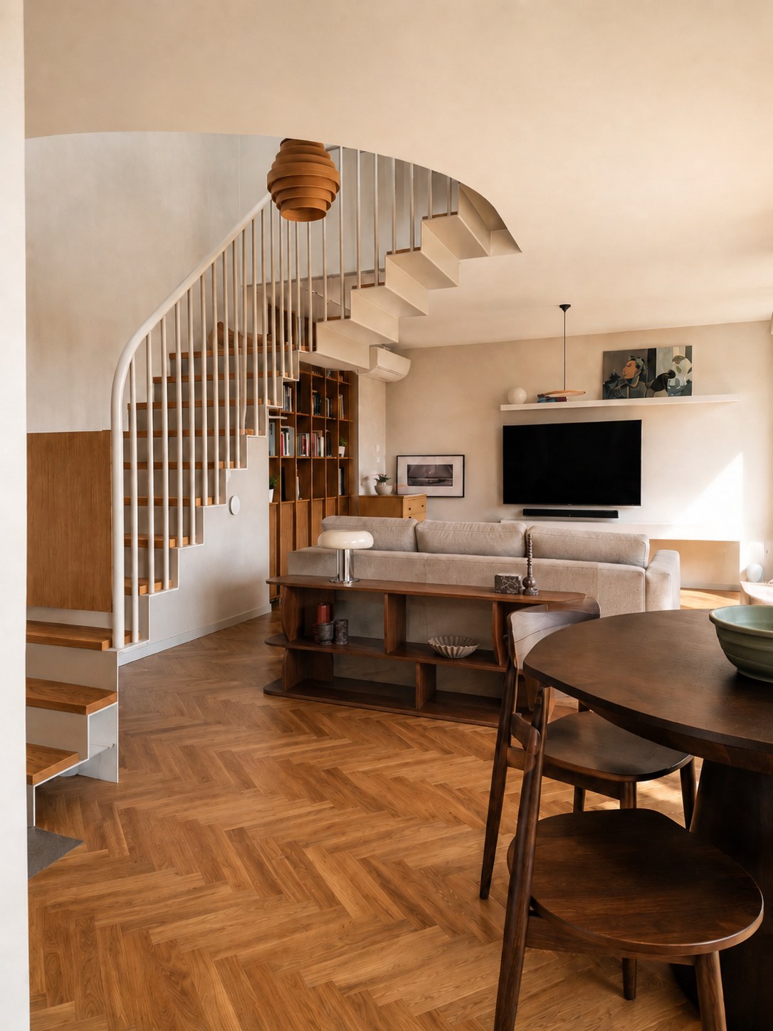 Apartament w Porcie Praskim — strefa dzienna ze schodami