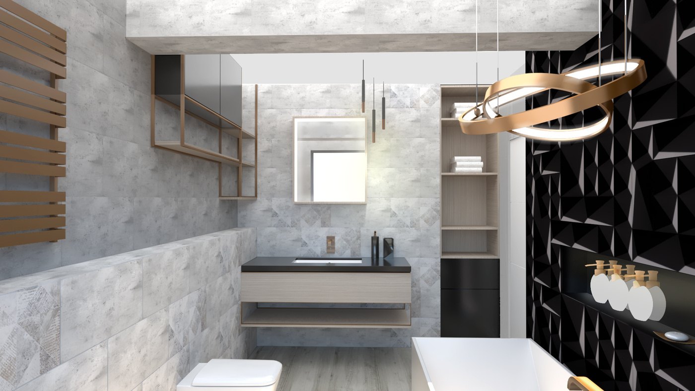 Apartament na Targówku — łazienka z czarną ścianą