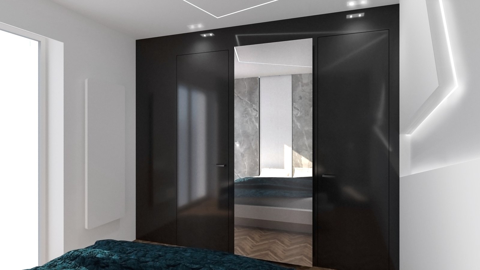 Apartament na Targówku — sypialnia z oświetleniem